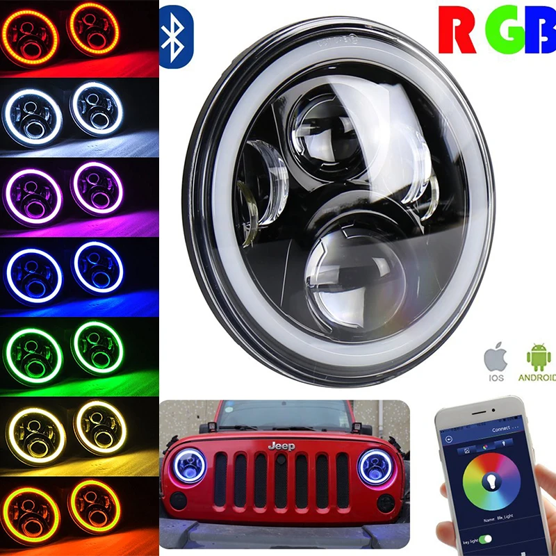 Пара 7 дюймов черный проектор светодиодные фары комплект 50 Вт RGB Halo с Bluetooth пультом