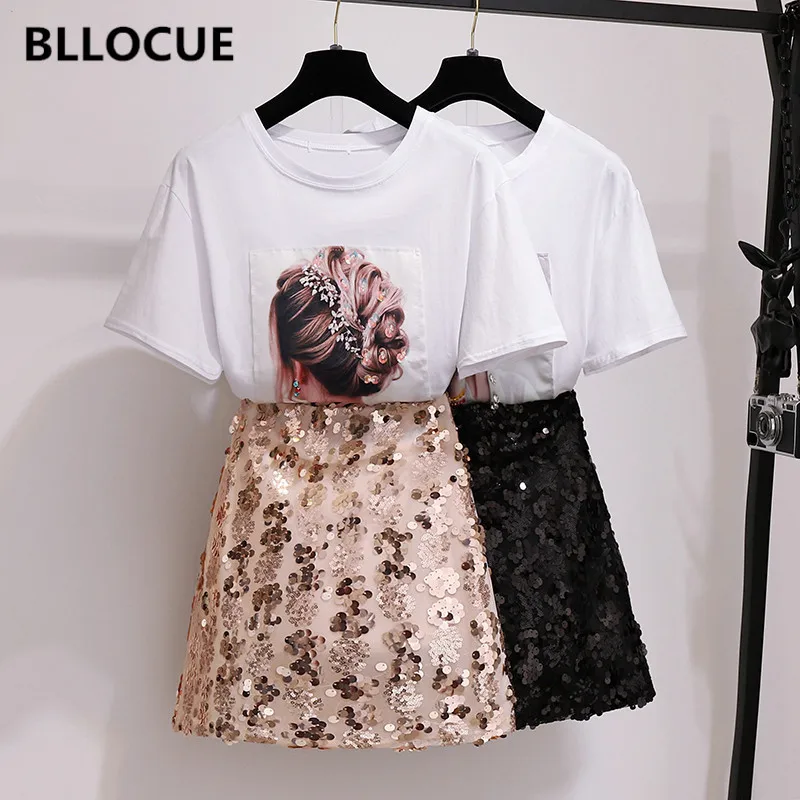 BLLOCUE New Fashion Character Print Sequins Cotton T-shirt + High-waist Sequined Mini Skirt Suit Summer Two-piece Sets Girls Out
BLLOCUE New Fashion Character Print Sequins Cotton T-shirt + High-waist Sequined Mini Skirt Suit Summer Two-piece Sets Girls Out