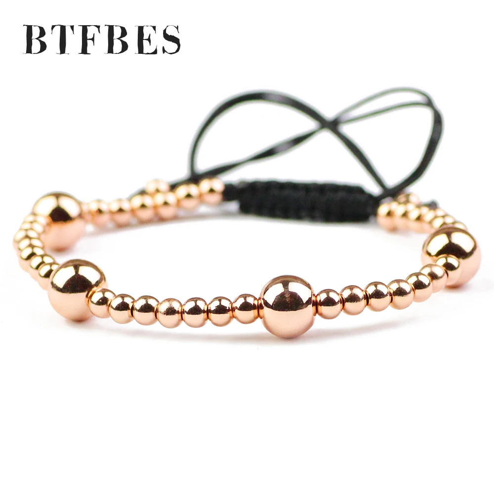BTFBES Ball Charms Bracelet Men 4&amp8mm Copper Beads Braided Rose Gold Color Fashion Women Bangle Jewelry Pulseira Masculina Gift |
