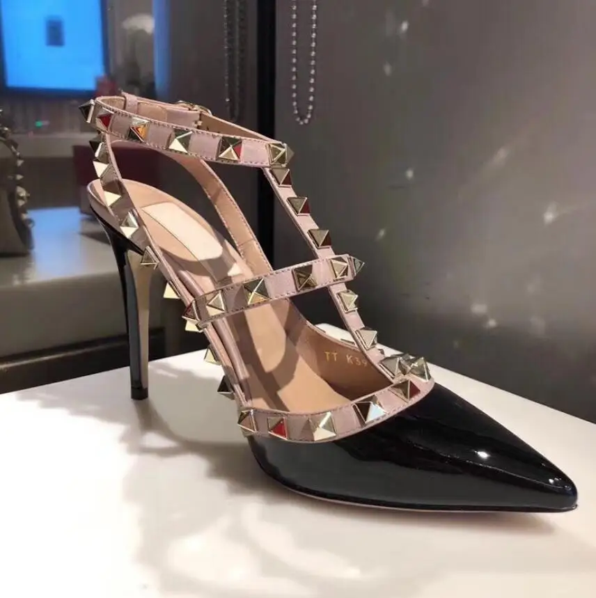 

Designer Pointed Toe 2-Strap With Studs High Heels Patent Leather Rivets Sandals Women Studded Strappy Dress Shoes 34-43 Box