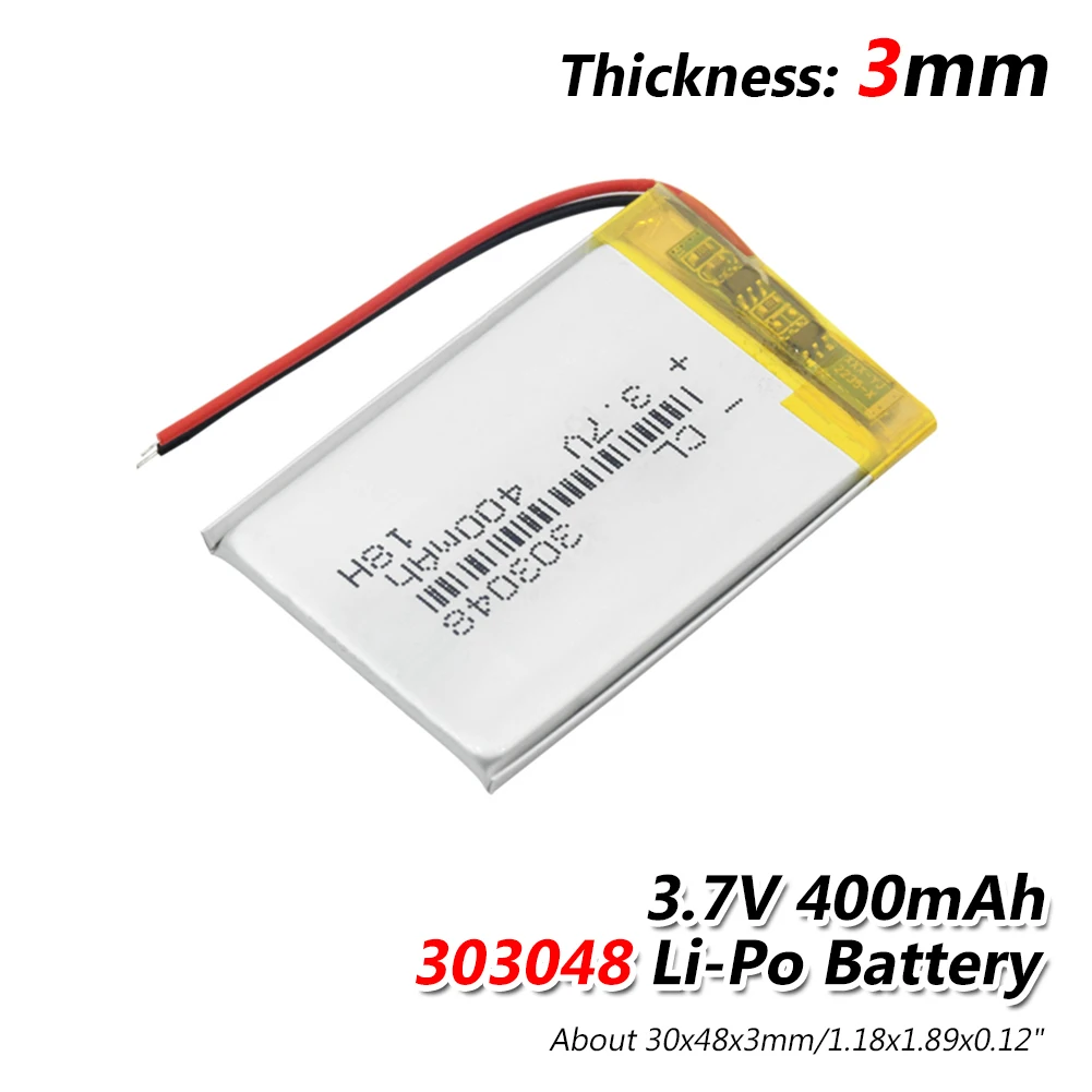 1/2/4x 3.7V 400mAh Rechargeable 303048 Lithium Li-ion Battery 3.7 Volt Li-polymer Lipo Pila For MP3 MP4 MP5 GPS PSP LED Light
1/2/4x 3.7V 400mAh Rechargeable 303048 Lithium Li-ion Battery 3.7 Volt Li-polymer Lipo Pila For MP3 MP4 MP5 GPS PSP LED Light