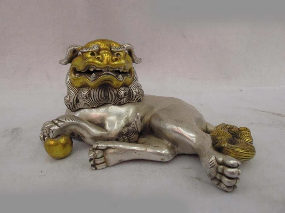 

Chinese Buddhism Copper silver Gild Evil Fu Foo Dog Lion Censer incense burner SD 506