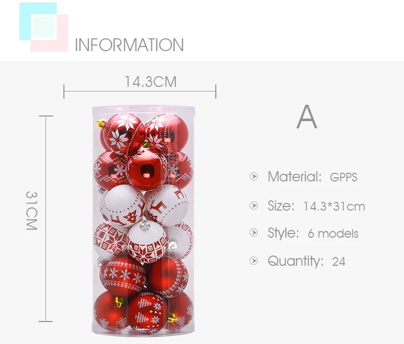 02 inhoo 24 PCS 68cm Christmas Tree Ball Baubles Xmas Party Wedding Hanging Ornament Christmas Decoration Supplies for Home