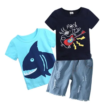 

WASAILONG 2018 New sky-blue shark T-shirt + sapphire guitar T-shirt + denim shorts boy 3 piece suit