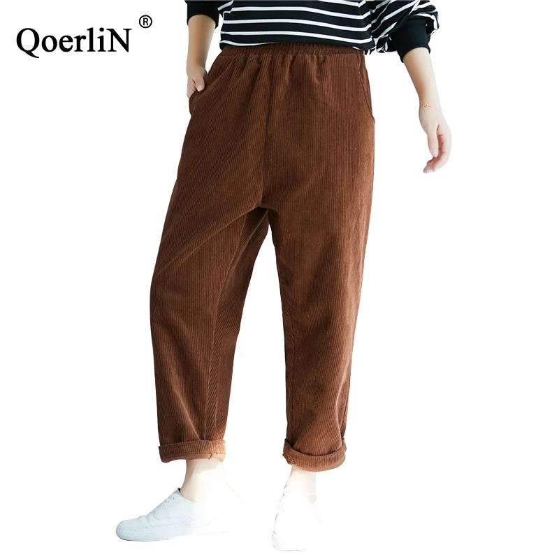 

QoerliN Corduroy Pants Women Vintage Harem Pants Elastic Waist Long Trouser Pocket Big Size Large Pants Female Camel Trousers