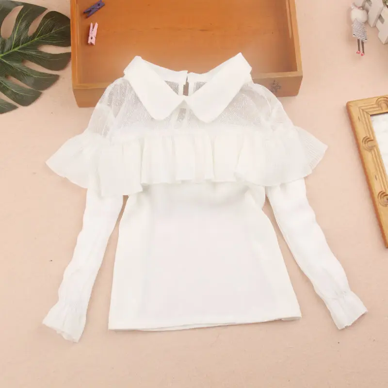 Детская блузка с длинными рукавами белая кружевная для девочек подростков и