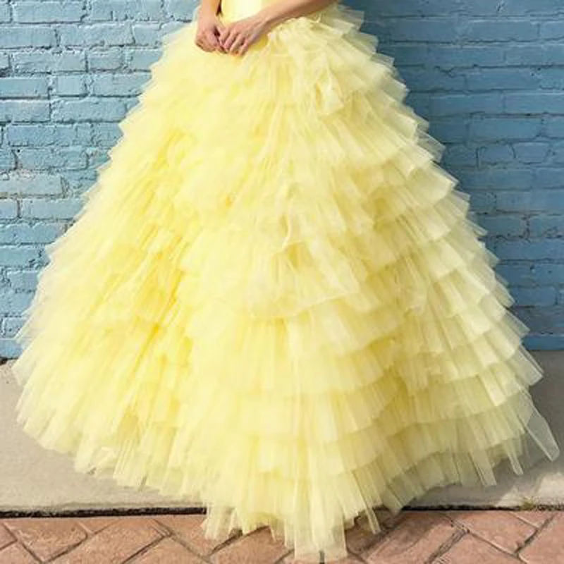 

Pretty Very Lush Yellow Tiered Bridal Tutu Skirts 2019 Ruffles Puffy Floor Length Long Women Tulle Skirt Elastic Custom Made