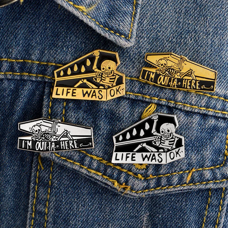 Hfarich "LIFE WAS OK"Skull coffin enamel pins Skull pins Badges Brooches Black skeleton jewelry
Hfarich "LIFE WAS OK"Skull coffin enamel pins Skull pins Badges Brooches Black skeleton jewelry
