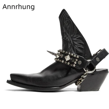

Punk Style Rivet Metal Chain Women Ankle Boots Pointy Toe Slanted Heel Individual Sewing Pattern Slingback Short Booties Women