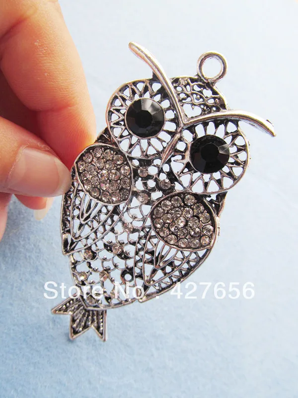 

2pcs Large bling hollow out antique silver tone night owl pendant charm finding,dotted 54pcs rhinestones
