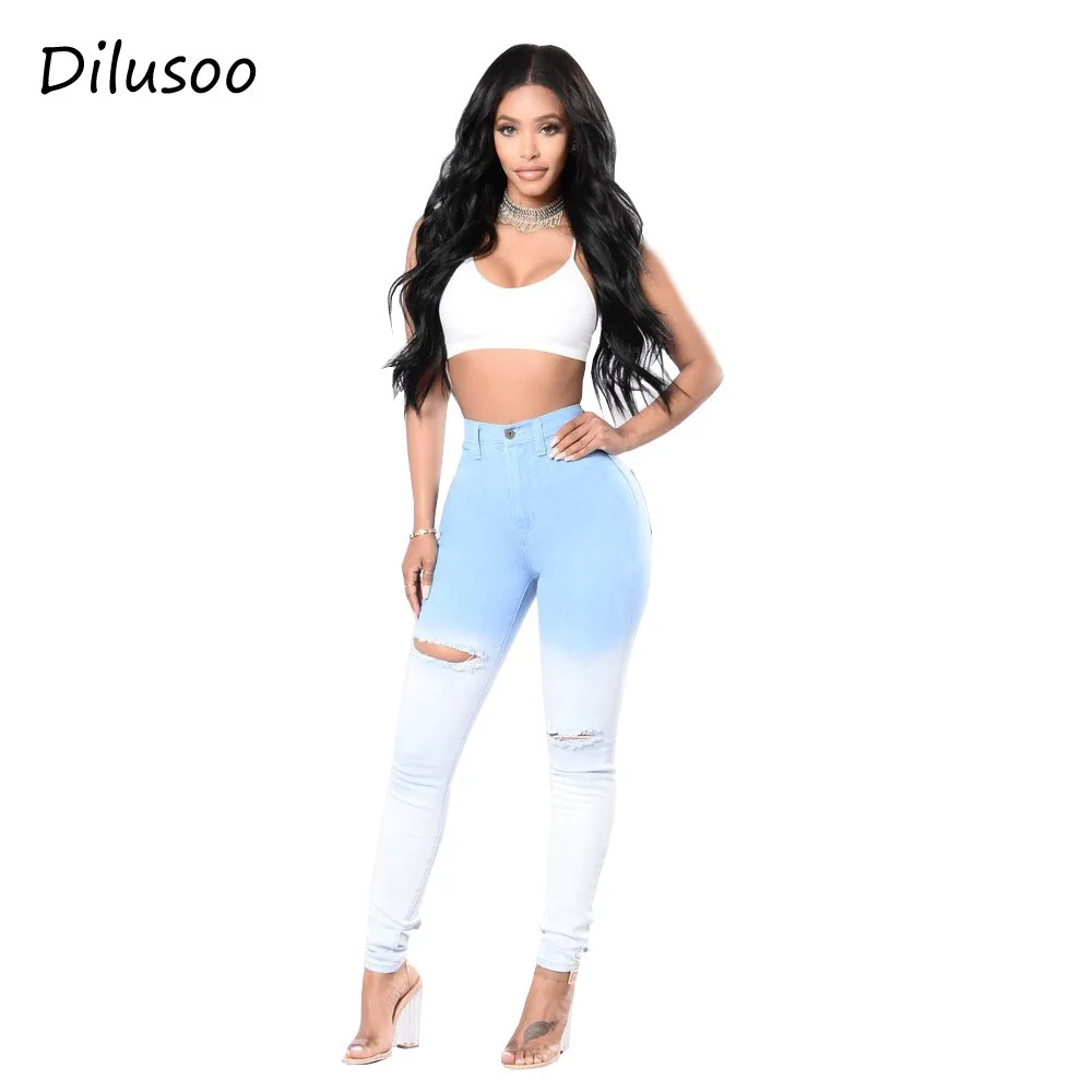 Dilusoo Women Elastic Pencil Pants Holes Denim Jeans High Waist Blue White Gradient Trousers Ripped Casual Jeans Female Pants
Dilusoo Women Elastic Pencil Pants Holes Denim Jeans High Waist Blue White Gradient Trousers Ripped Casual Jeans Female Pants