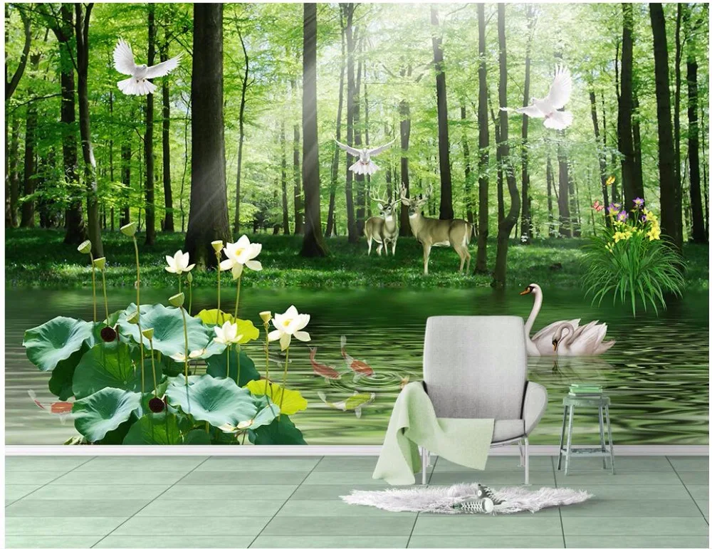 

3d wallpaper Custom mural photo Green forest lake scenery background living room painting 3d wall murals wallpaper for walls 3 d