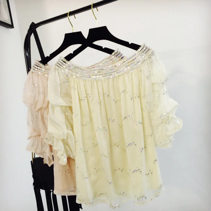 new embroidery sequins word han edition loose fairy dew shoulder chiffon unlined upper garment lantern sleeve blouse |