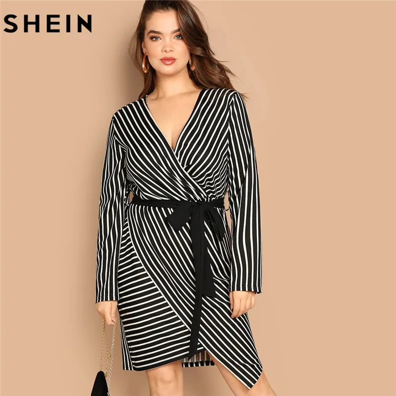 SHEIN Black and White Plus Size Deep V Neck Striped Dress Asymmetrical Hem Women Workwear Going Out Elegant Dresses
SHEIN Black and White Plus Size Deep V Neck Striped Dress Asymmetrical Hem Women Workwear Going Out Elegant Dresses
