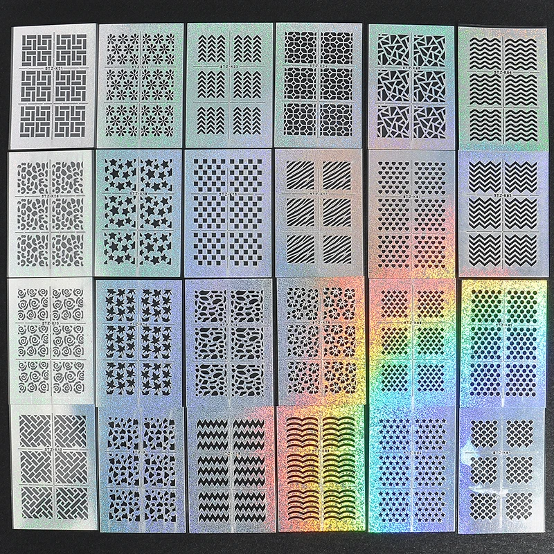 Nail 24 different styles Hollow Irregular Stencils Stamp DIY Nail Art tool DIY Manicure Sticker Laser Silver 24 Sheets/set
Nail 24 different styles Hollow Irregular Stencils Stamp DIY Nail Art tool DIY Manicure Sticker Laser Silver 24 Sheets/set
