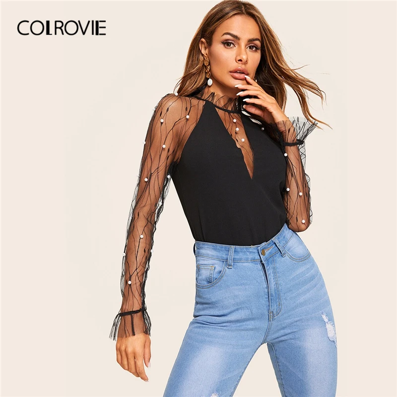 COLROVIE Black Faux Pearl Beading Sheer Mesh Plunge Top Women 2019 Summer Sexy Long Sleeve Clothes Spring Ladies Slim Fit Blouse
COLROVIE Black Faux Pearl Beading Sheer Mesh Plunge Top Women 2019 Summer Sexy Long Sleeve Clothes Spring Ladies Slim Fit Blouse