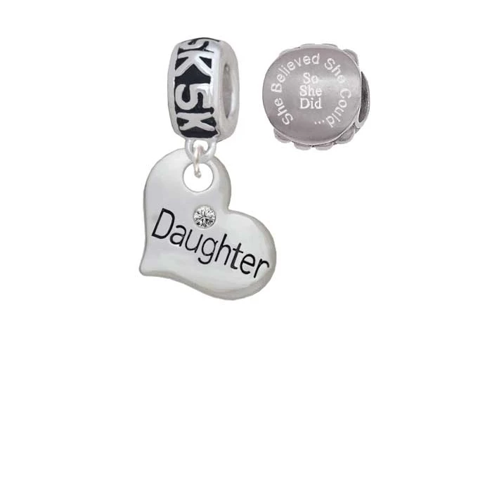 Silvertone Large ''Daughter'' Heart with Clear Crystal 5K Run She Believed She Could Charm Beads (Set of 2)