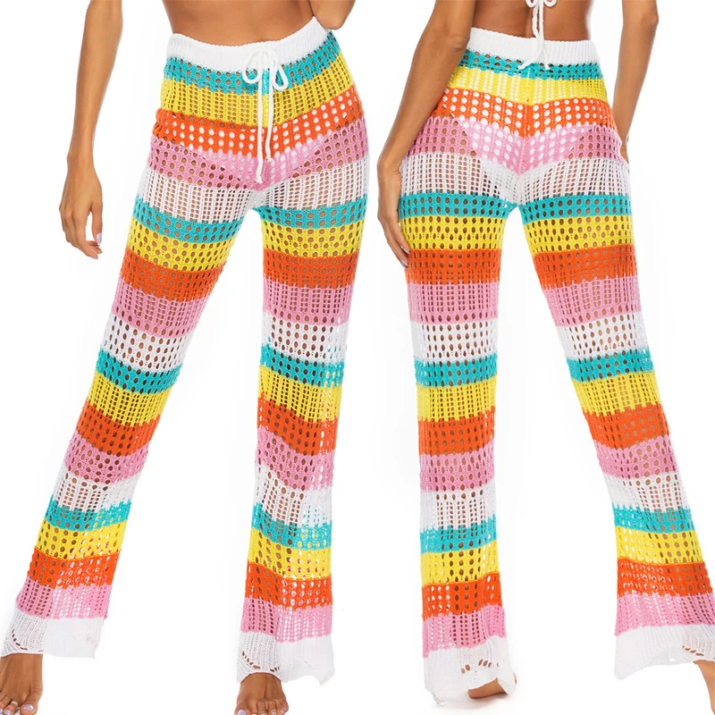Women Hooked Pants Summer Beach Bikini Hollow Out Knitted Full Length Pant Female Drawstring Striped Rainbow Trousers
Women Hooked Pants Summer Beach Bikini Hollow Out Knitted Full Length Pant Female Drawstring Striped Rainbow Trousers