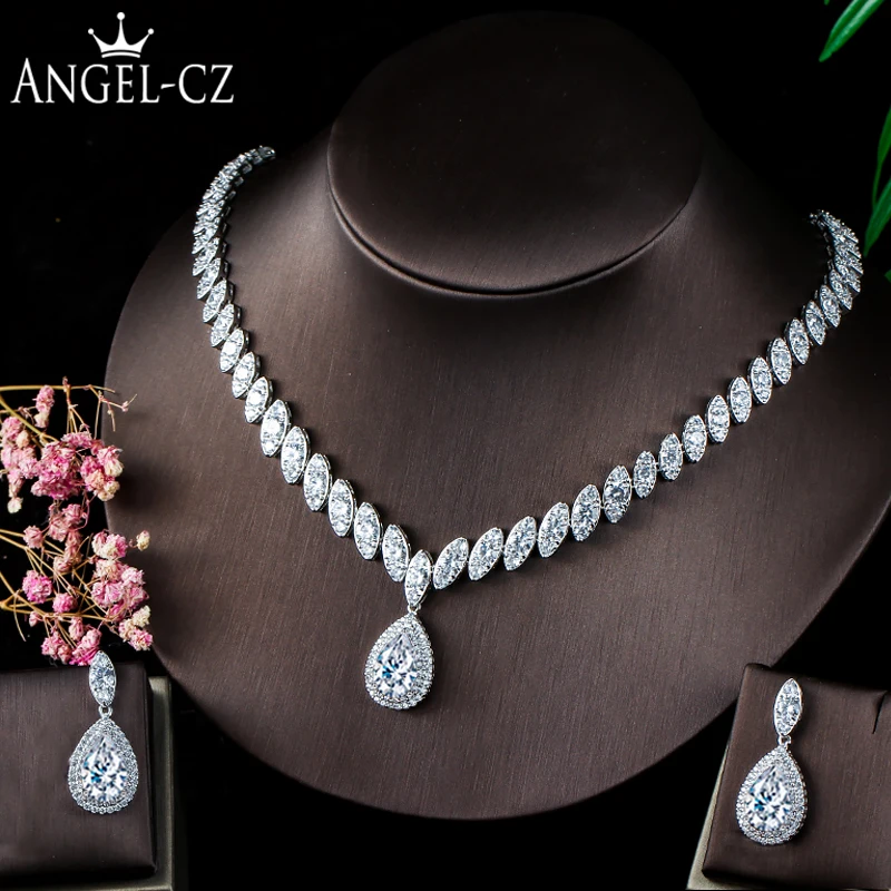 

ANGELCZ Perfect Pear Cubic Zircon Pave Luxury Bridal Teardrop Pendant Necklace Earring Set For Wedding Jewelry Accessories AJ118