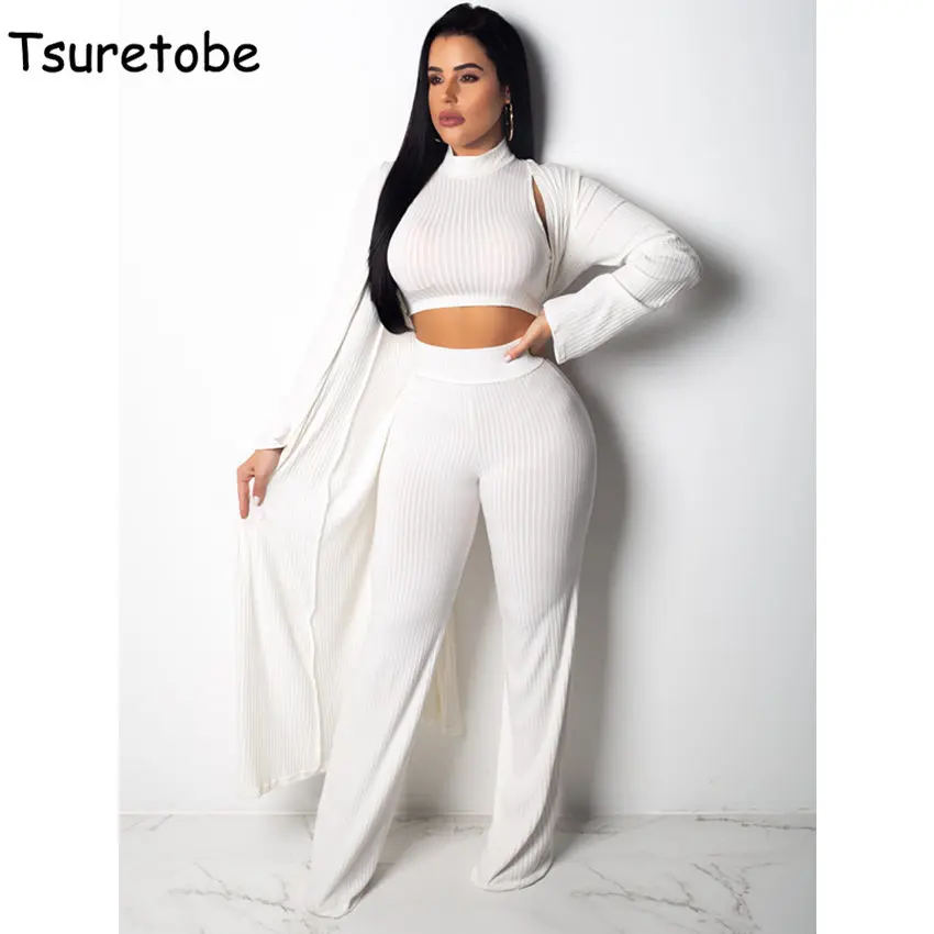 Tsuretobe New Autumn Knitting Tracksuit Women Fashion Turtleneck Tops And Loose Wide Leg Pants White Elegant Two Piece Set Slim 
Tsuretobe New Autumn Knitting Tracksuit Women Fashion Turtleneck Tops And Loose Wide Leg Pants White Elegant Two Piece Set Slim