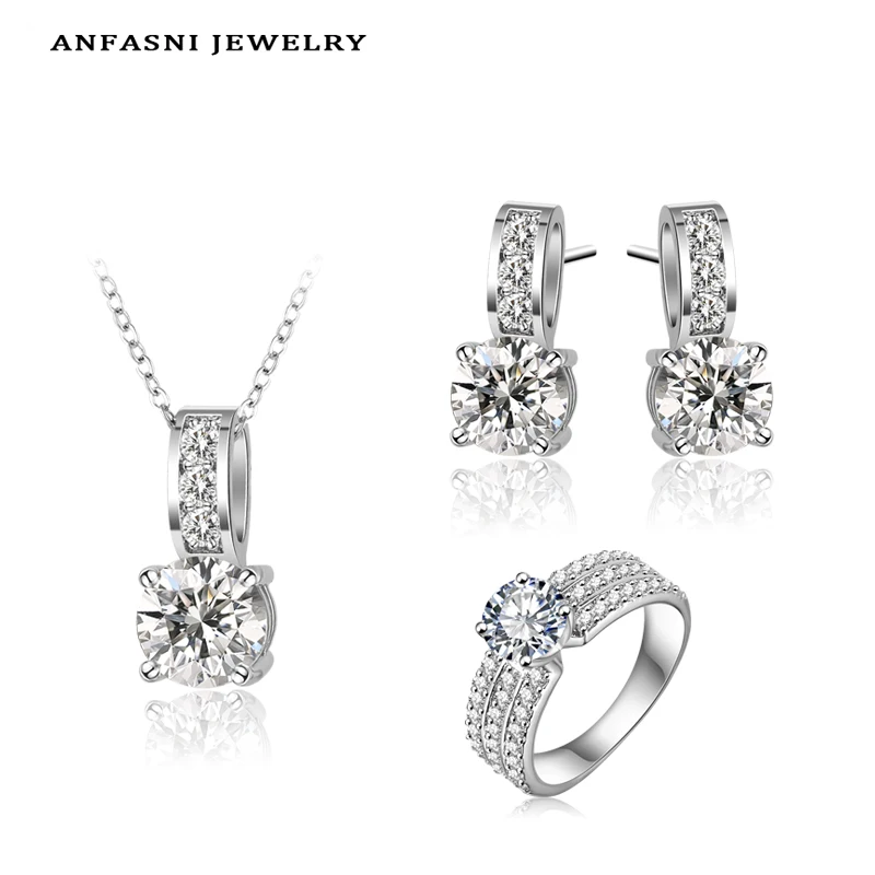 Platinum Plated Jewelry Set of Crubic Zircon Necklace & Earrings & Ring
