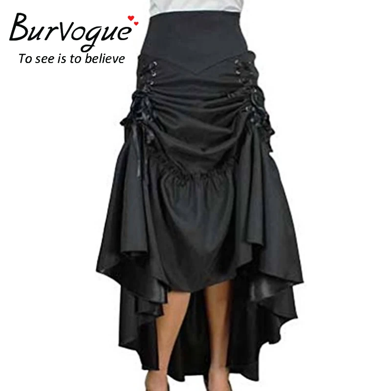 Image Burvogue Mermaid Skirt Steampunk High Waist Skirts Fashion Long Maxi Skirts Black Three Tiered Satin Gothic Steampunk Skirts