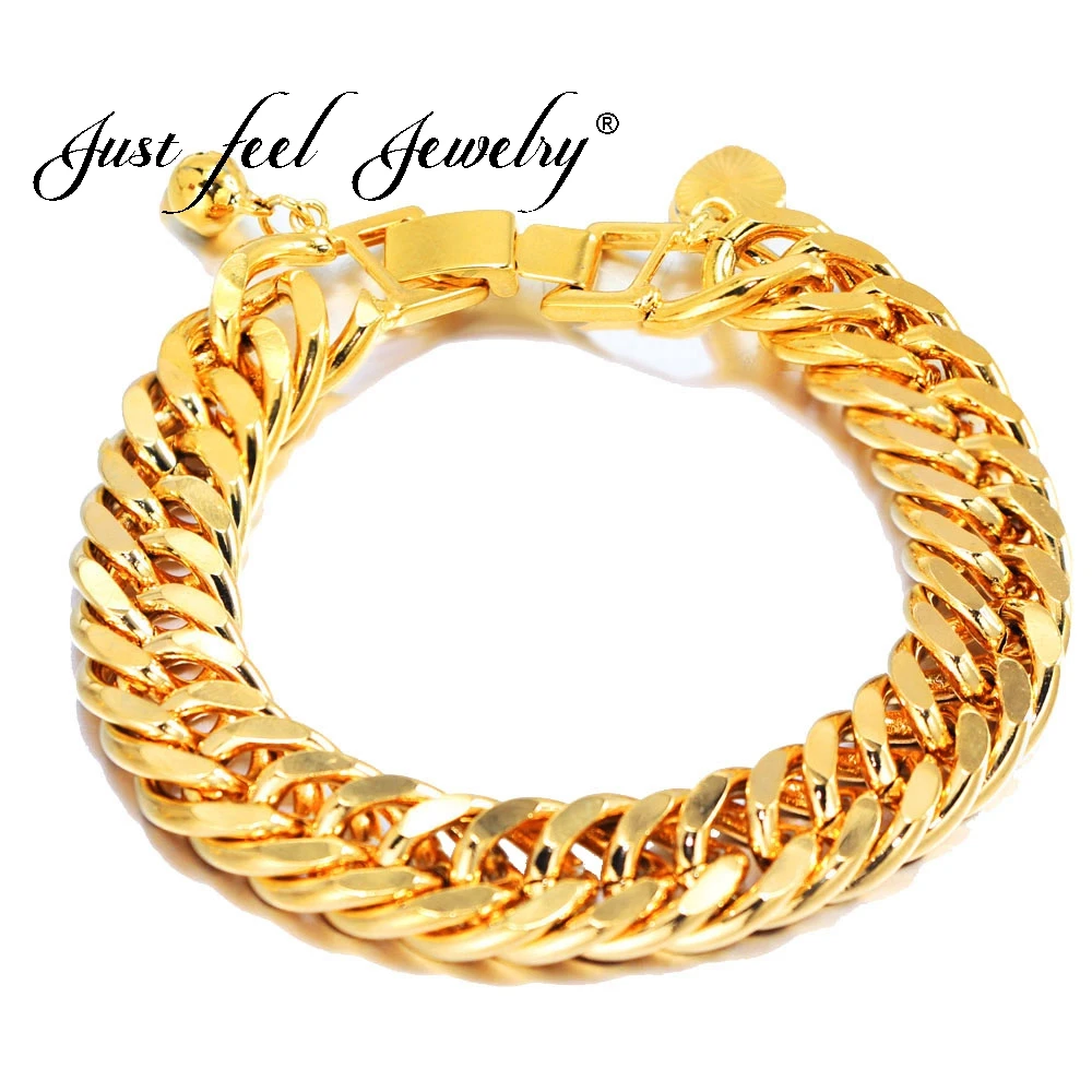 

JUST FEEL Fashion 8"20cm Bracelet Gold Color Curb Cuban Link Chain Bangles Womens Mens Copper Hip Hop Party Punk Rock Jewelry