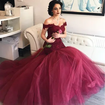 Off The Shoulder Mermaid Evening Dresses Appliques Lace Tulle Burgundy Formal Gowns Elegant Prom Party Dresses Sweep Train
Off The Shoulder Mermaid Evening Dresses Appliques Lace Tulle Burgundy Formal Gowns Elegant Prom Party Dresses Sweep Train