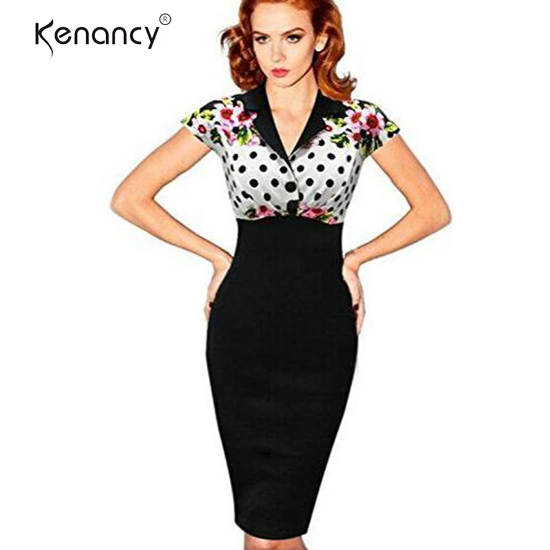 Kenancy Women Polka Dot Cap Sleeve Bodycon Dress High Waist Lapel Collar Half Button Slim Fit Bodycon Pencil Dress 
Kenancy Women Polka Dot Cap Sleeve Bodycon Dress High Waist Lapel Collar Half Button Slim Fit Bodycon Pencil Dress