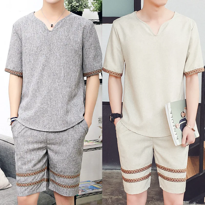 Men Short Sleeve T shirt + shorts Set Casual Cotton Linen V neck 2 Pcs Set Summer Sports Suit Plus Size
Men Short Sleeve T shirt + shorts Set Casual Cotton Linen V neck 2 Pcs Set Summer Sports Suit Plus Size