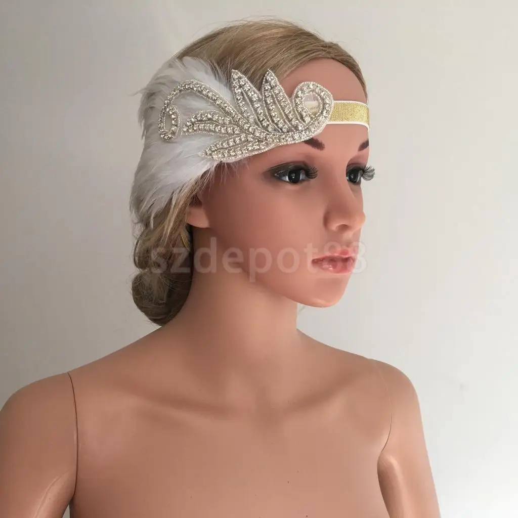 

1920s Great Gatsby White Feather Fascinator Headpiece Flapper Headband Crystal Elastic Gold Band Bridal Fancy Dress Accessory