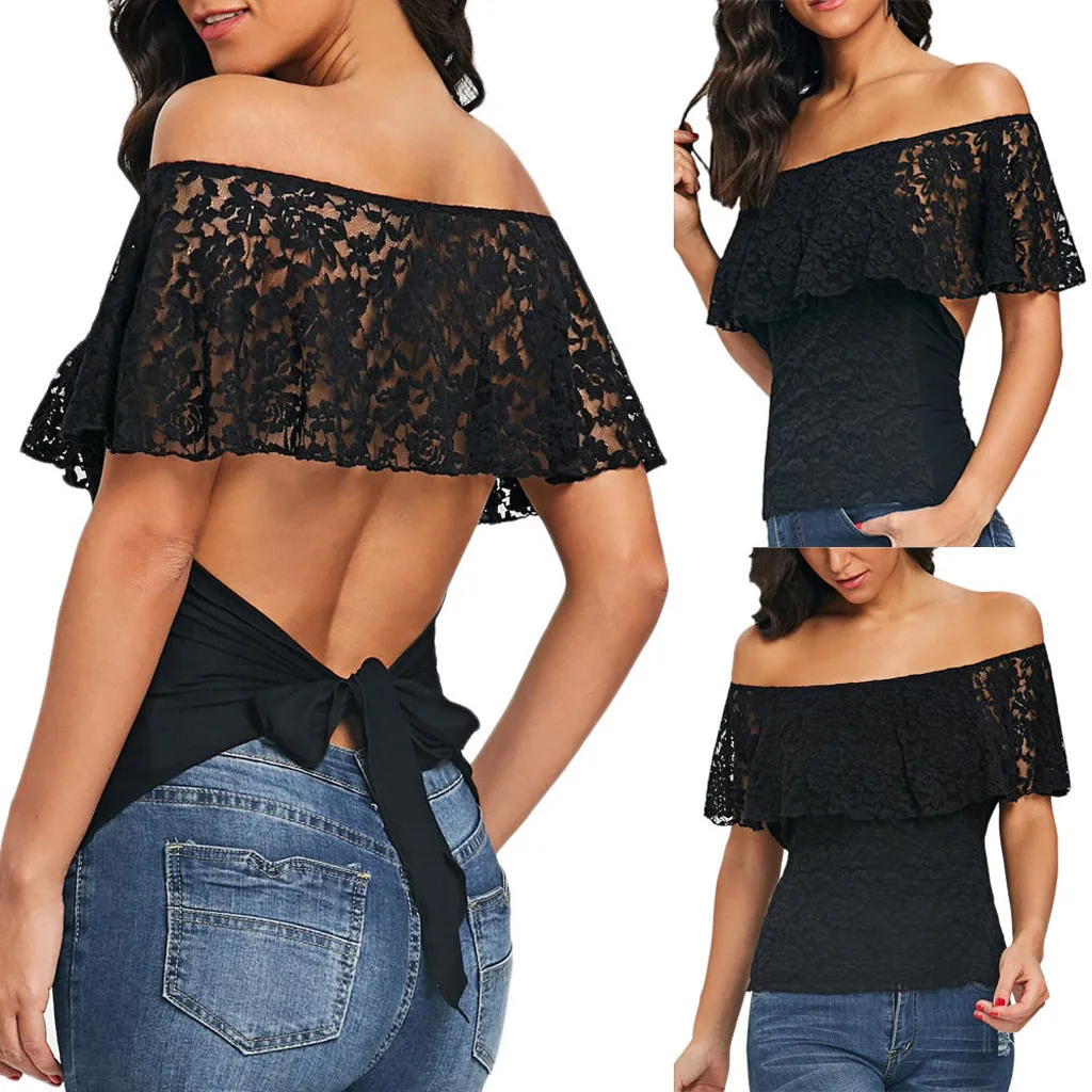 

Fashion Womens Sexy Lace Backless Off Shoulder Bow Bandage Overlay T-shirt lace short bare-back strap a word shoulder Tops