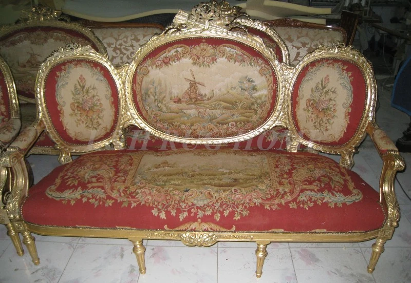 Image Antique Set of sofa and chairs, Antique handmade living room furniture, Aubusson sofa cover, woolen material Artificial carving