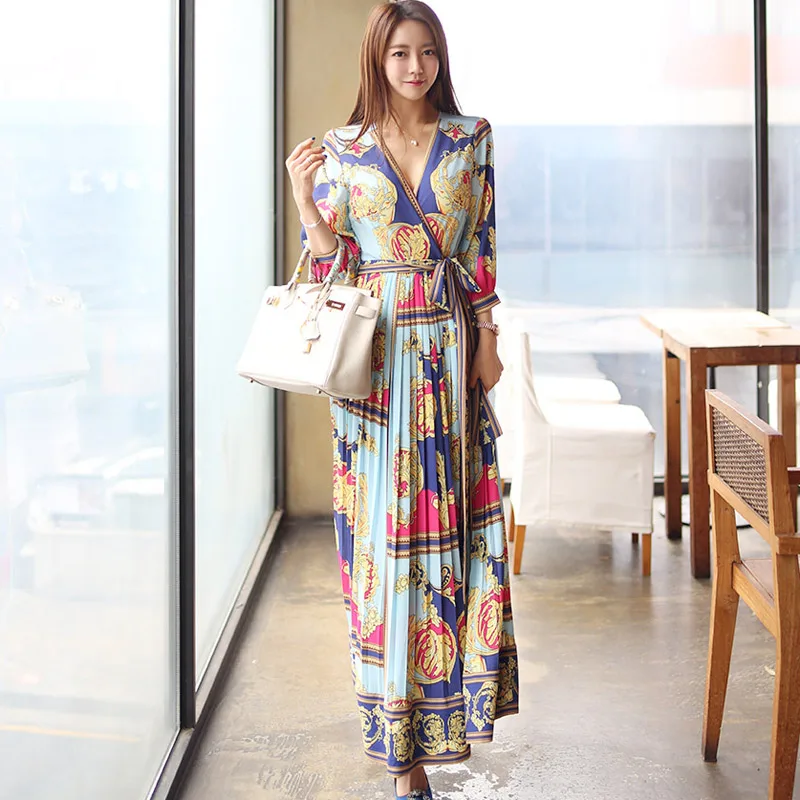 Elegant Cross V Neck Sashes Long Dress Women 2019 Summer Holiday Vintage Print Pleated Dresses Waist Swing Ankle-length Vestidos
Elegant Cross V Neck Sashes Long Dress Women 2019 Summer Holiday Vintage Print Pleated Dresses Waist Swing Ankle-length Vestidos