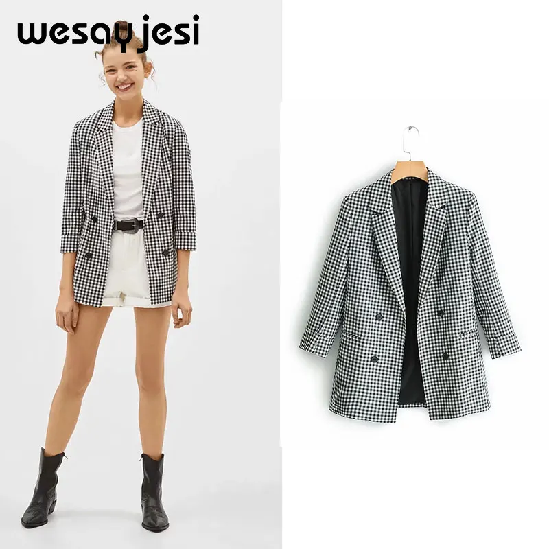 2019 Women chic black blazer pockets double breasted long sleeve plaid print office wear coat solid female casual outerwear tops
2019 Women chic black blazer pockets double breasted long sleeve plaid print office wear coat solid female casual outerwear tops
