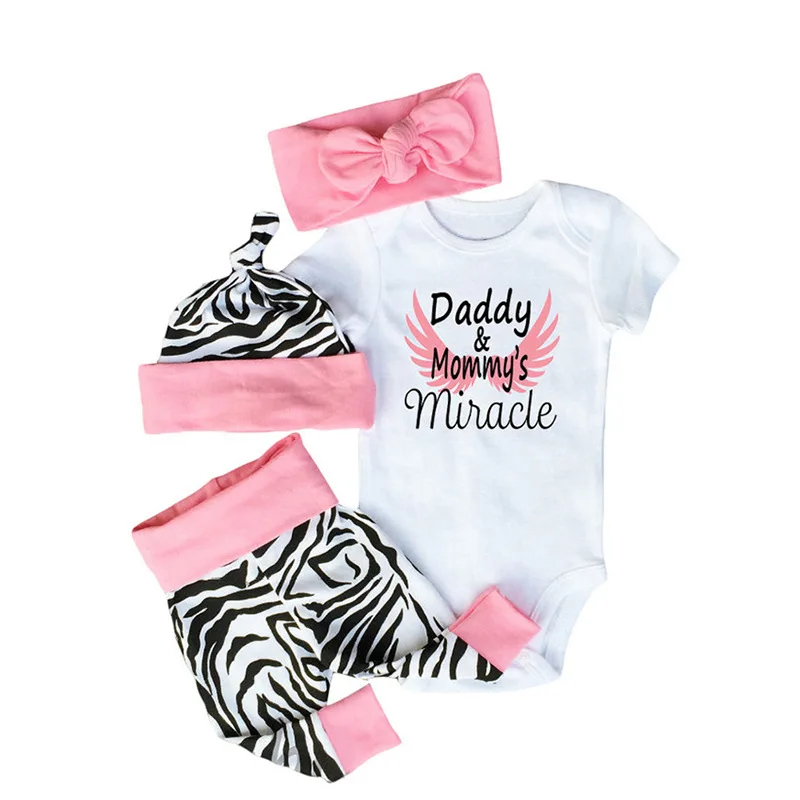 Newborn Baby Girl Clothing Set 2019 Summer 4 Pieces Daddy&Mommy's Miracle Romper+Zebra Pants+Hat+Headband Infant Girls Outfits
Newborn Baby Girl Clothing Set 2019 Summer 4 Pieces Daddy&Mommy's Miracle Romper+Zebra Pants+Hat+Headband Infant Girls Outfits