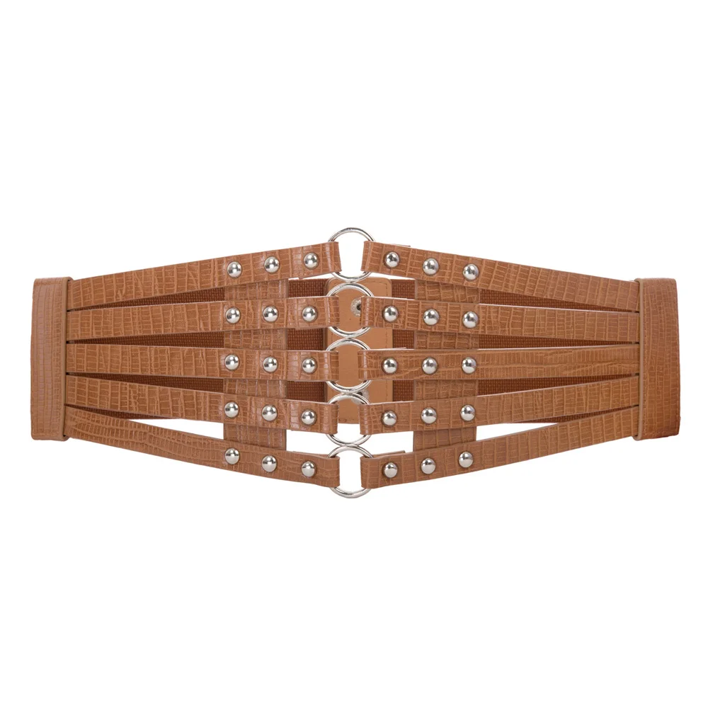 

Woman Elastic Belts waist band Women Vintage Studs Embellished Stretchy fashion Wide Belt for Dresses Ladies Brown Waistband