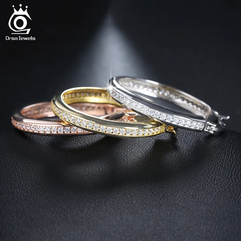 18K Silver/Rose Gold/Gold Plated Hoop Earrings w/ Paved Cubic Zirconia for Women