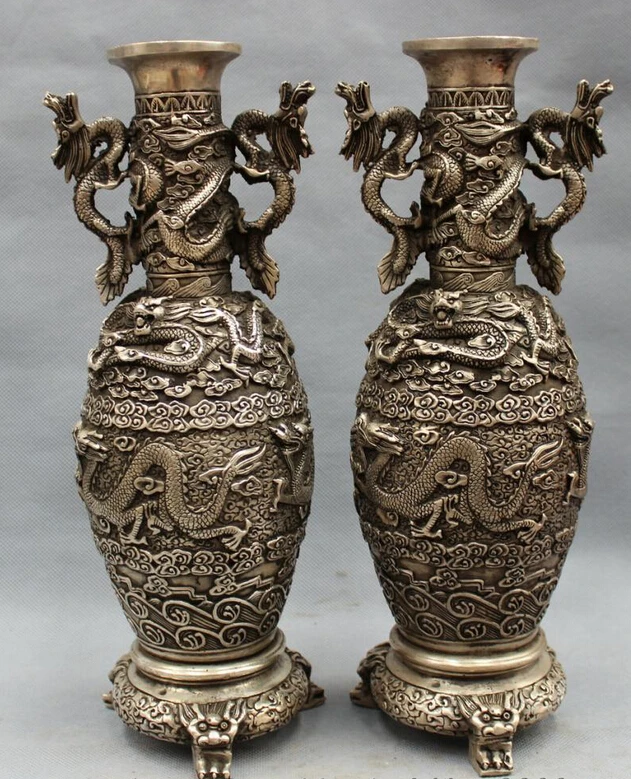 bi003468 12" Tibet Silver Buddhism Folk Fly Dragon Head Statue Lion Flower Pot Vase Pair
bi003468 12" Tibet Silver Buddhism Folk Fly Dragon Head Statue Lion Flower Pot Vase Pair