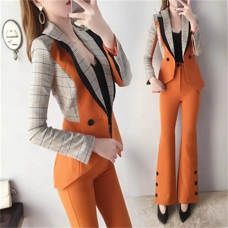Fashio suit suit female British style New high-end women spring temperament Plaid Slim suit Flare pants two-piece suit women
Fashio suit suit female British style New high-end women spring temperament Plaid Slim suit Flare pants two-piece suit women
