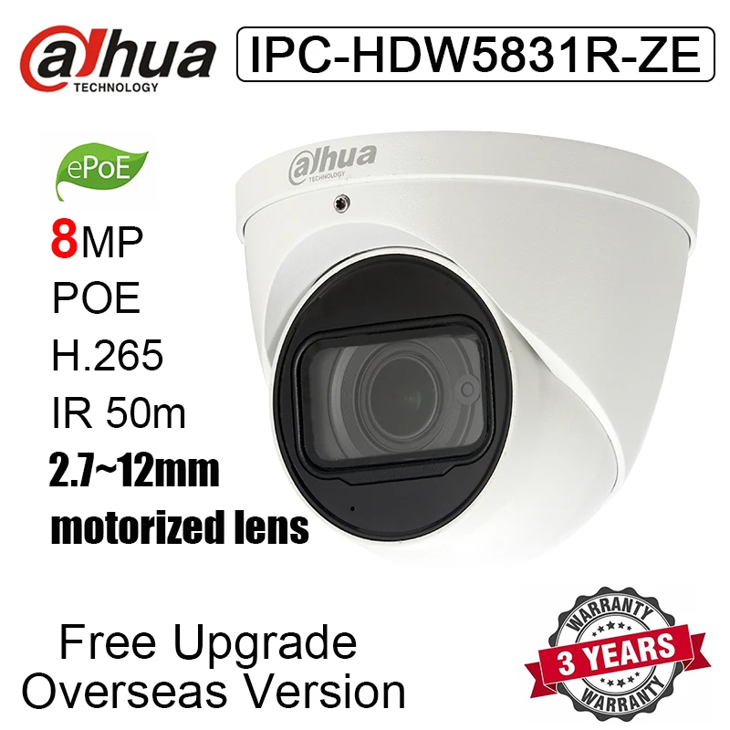 Original Dahua IPC-HDW5831R-ZE 8MP Dome IP Camera POE H.265 IR 50m Built-in Mic Network Camera with logo Replace IPC-HDW5231R-ZE
Original Dahua IPC-HDW5831R-ZE 8MP Dome IP Camera POE H.265 IR 50m Built-in Mic Network Camera with logo Replace IPC-HDW5231R-ZE