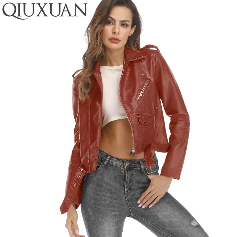 QIUXUAN Women PU Leather Jacket Short Streetwear Coat Fashion Spring Autumn Overcoat Locomotive Jackets Female Tops | Женская одежда