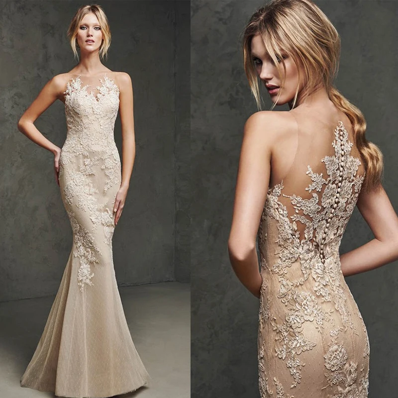 Champagne Mermaid Lace Appliques Long Evening Dresses O neck Sleeveless Tulle Elegant Women Prom gowns Sexy Formal Party dress
Champagne Mermaid Lace Appliques Long Evening Dresses O neck Sleeveless Tulle Elegant Women Prom gowns Sexy Formal Party dress