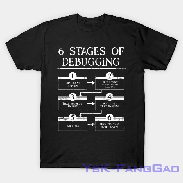 Summer 6 Stages Of Debugging Computer Programming men T-Shirt women cotton t shirt Short Sleeve funny printed tshirts
Summer 6 Stages Of Debugging Computer Programming men T-Shirt women cotton t shirt Short Sleeve funny printed tshirts
