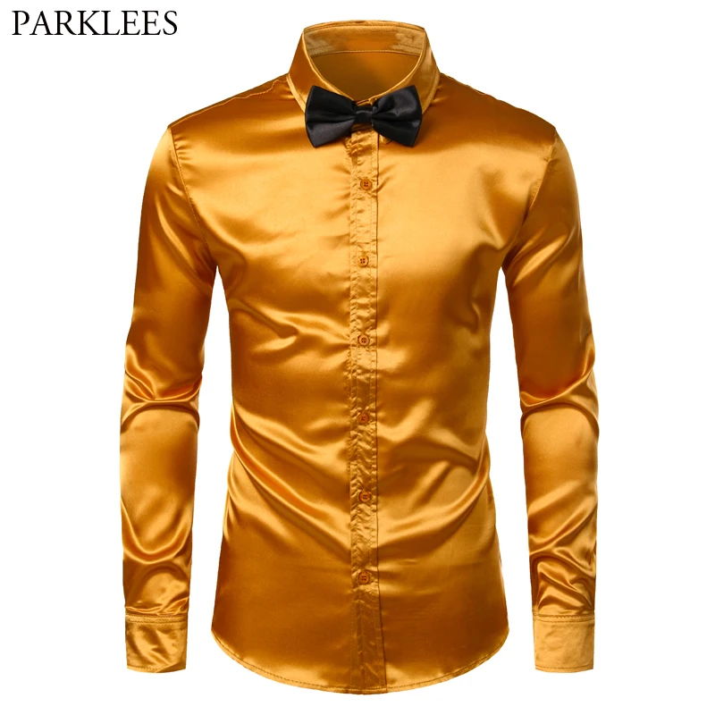 Shiny Gold Silk Dress Shirt Men 2019 Satin Smooth Men Slim Fit Button Down Shirts Mens Party Wedding Prom Shirt With Bowtie 3XL
Shiny Gold Silk Dress Shirt Men 2019 Satin Smooth Men Slim Fit Button Down Shirts Mens Party Wedding Prom Shirt With Bowtie 3XL