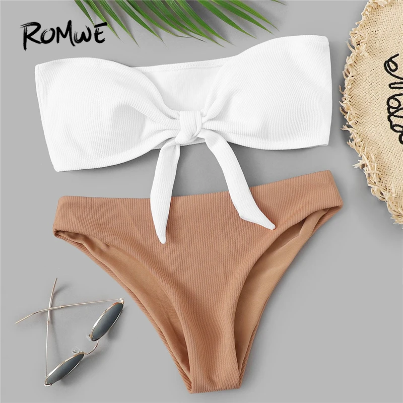 

Romwe Sport Two Tone Ribbed Knot Bandeau With Low Rise Bottoms Bikini Women Wire Free Beach Vacation Sexy Summer Swimwear