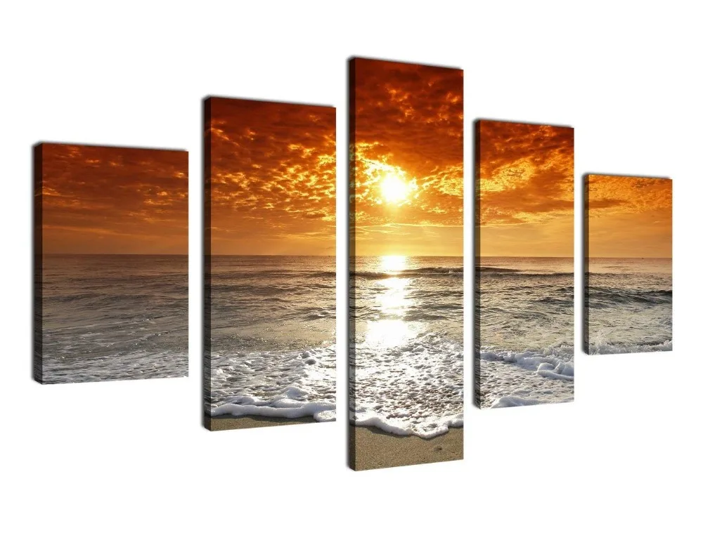 yearainn Large Canvas Wall Art Beach Sunset Nature Pictures - 5 Pieces Ocean Artwork Canvas Art Prints Contemporary Painting Home Decoration Framed Ready to Hang