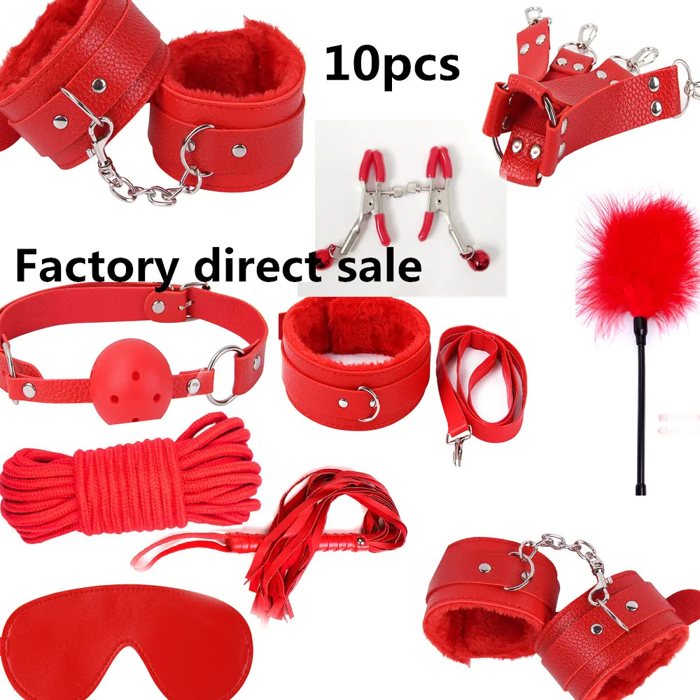 10Pcs/set Sexy Lingerie Sex Toy Set BDSM Sex Bondage Set Hand Cuffs Footcuff Whip Rope Blindfold Erotic Sex Toys For Sm Products