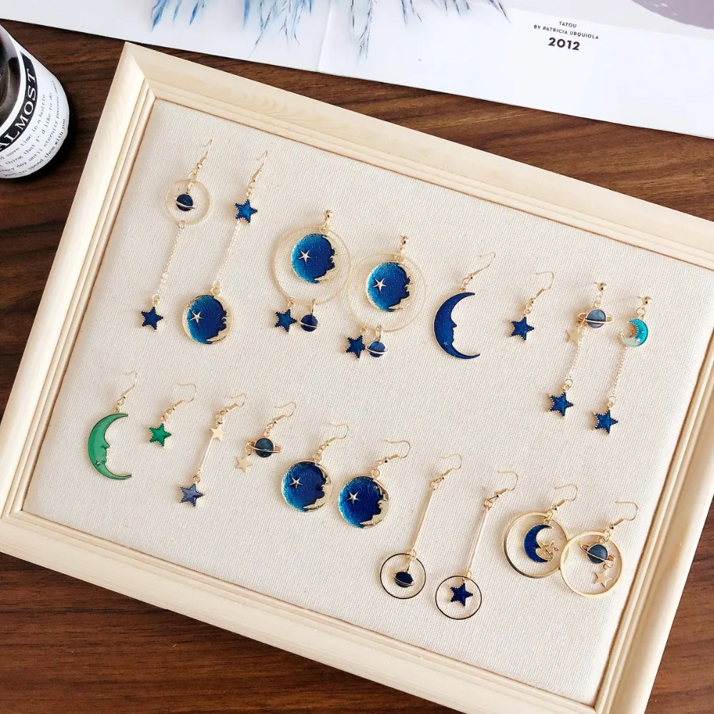 Cute Design Asymmetric Blue Planet Star Moon Drop Earrings Long Dangle Earrings For Women Fashion Romantic Wedding Jewelry
Cute Design Asymmetric Blue Planet Star Moon Drop Earrings Long Dangle Earrings For Women Fashion Romantic Wedding Jewelry