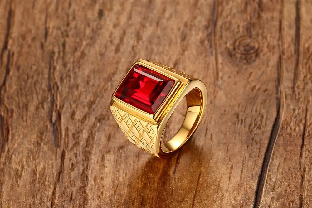 Модное красное блестящее кольцо Стразы золотого цвета мужское праздничное